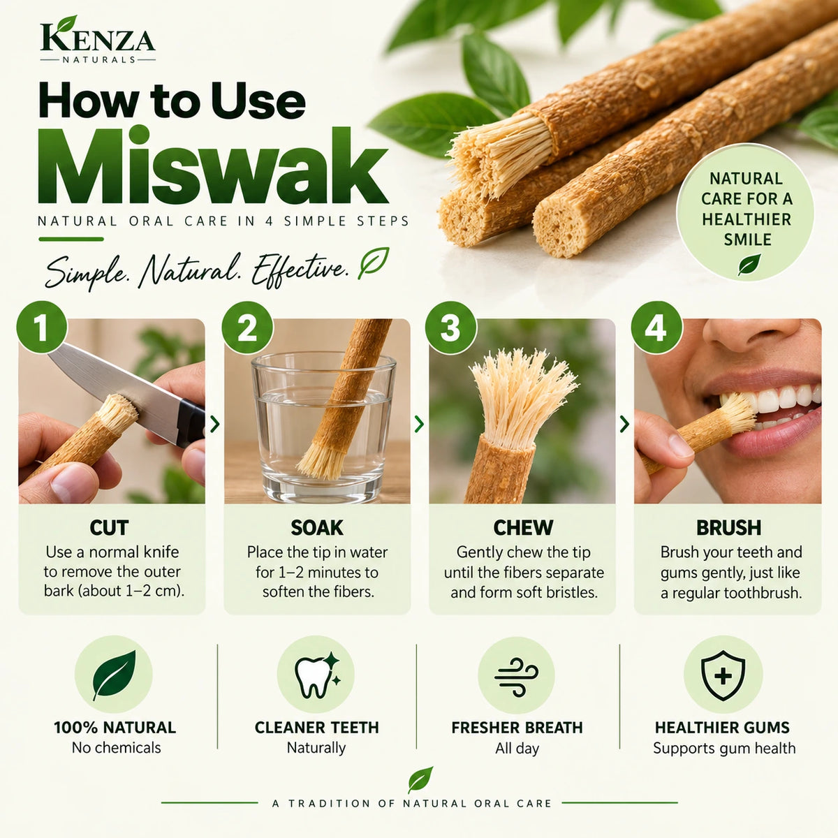 Miswak stick natural toothbrush, individually airtight packed